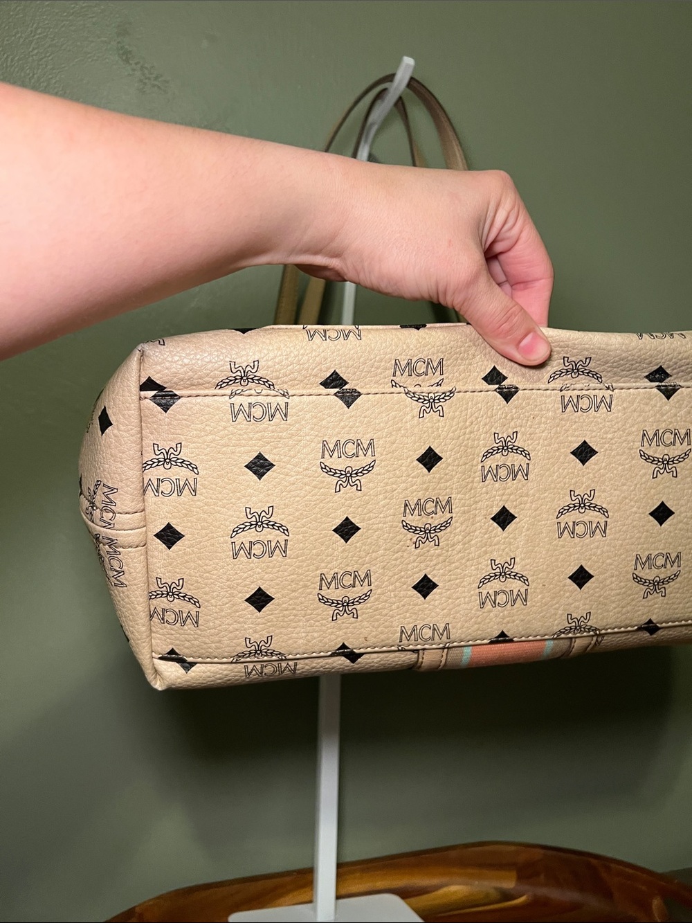 MCM Beige Logo Canvas Tote with Coral and Blue Center Stripe - Picture 7 of 10